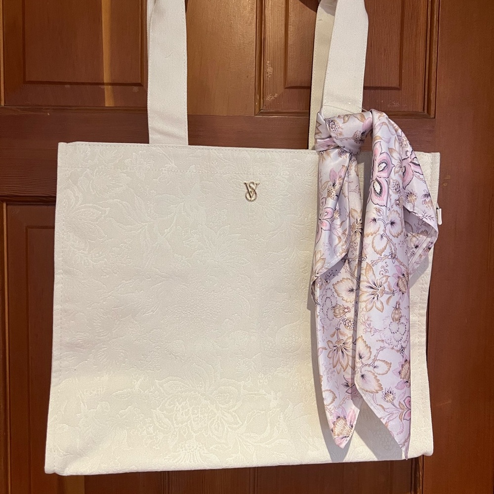 Victoria”s secret Elegant White Tote Bag with Floral Scarf